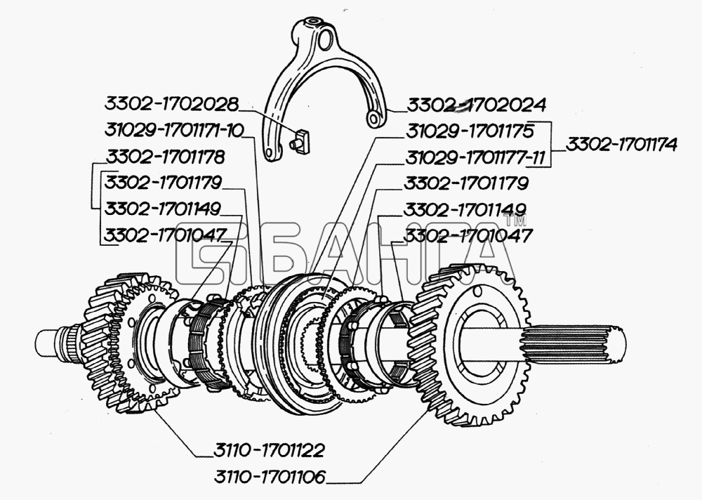 ГАЗ ГАЗ-2705 (дв. ЗМЗ-406) Схема Синхронизатор 1-й и 2-й передач вилка